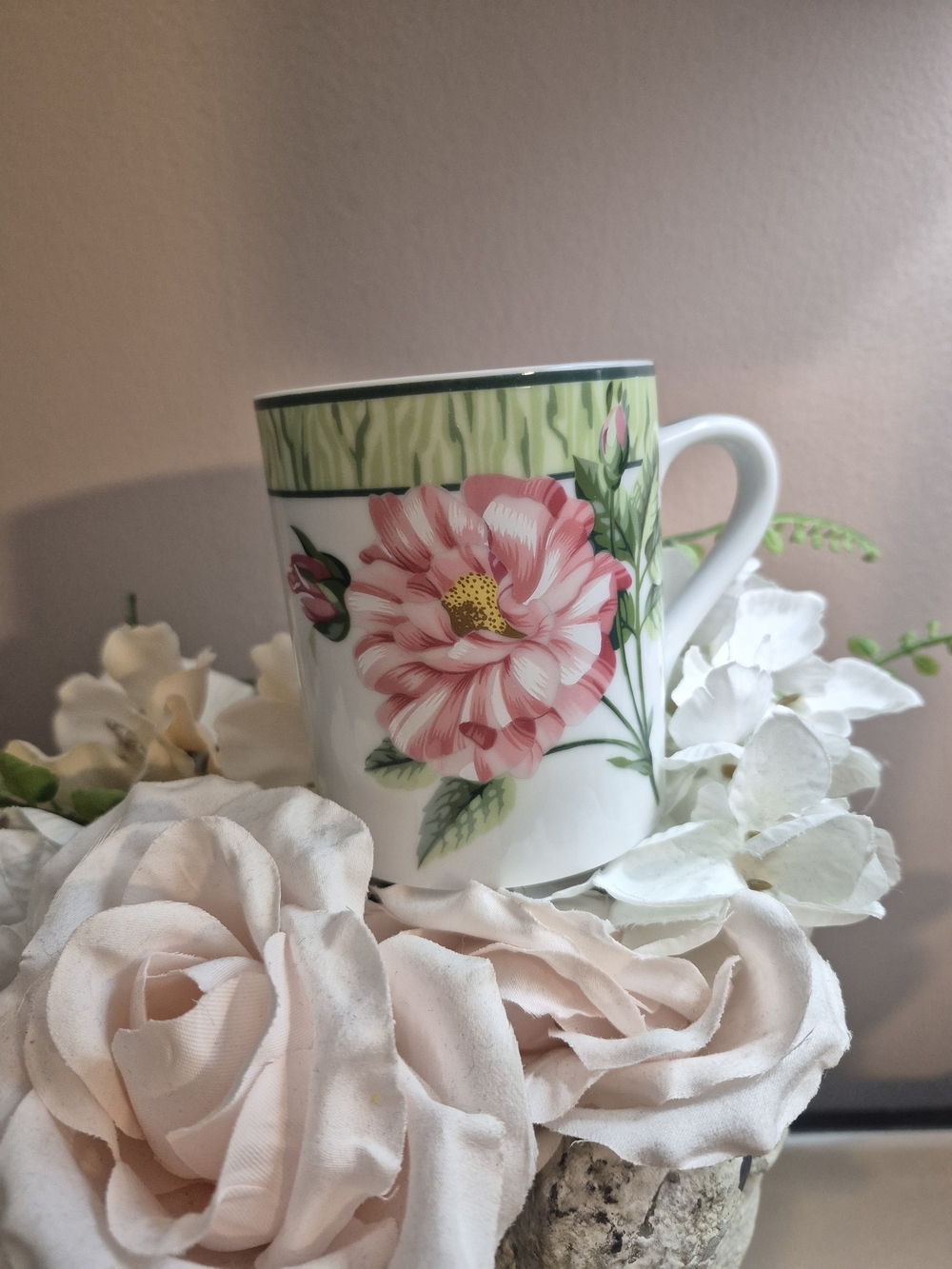 Tiffany & Co. Pink Floral Porcelain Mug with Green Trim